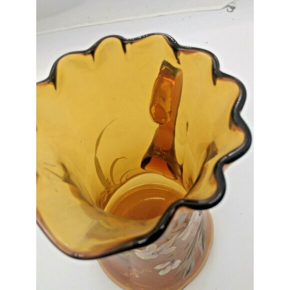 Antique Hand Blown Hand Painted Floral Amber Glass Ruffled Pitcher 1890-1900 - Picture 6 of 9
